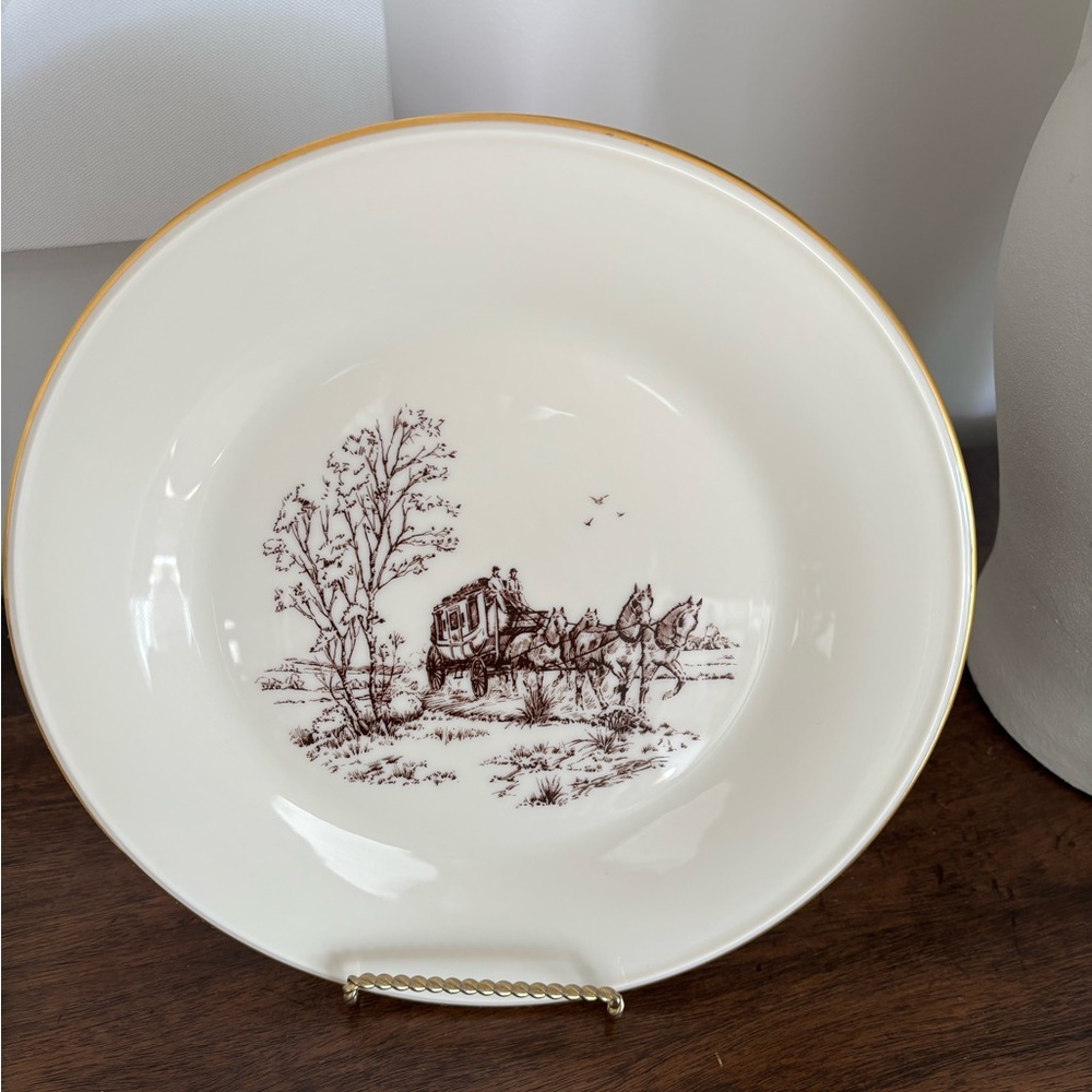 Lenox Ivory Plate with Gold Trim & Vintage horse & carriage scene special 10.5”